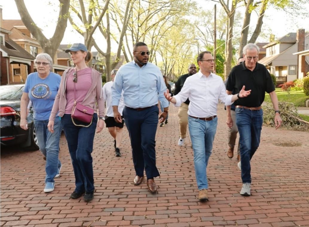 Left to Right: Ruth Kittner, Executive Director Wilkinsburg Community Ministry, Abigail Salisbury PA representative, District 34, Lt. Governor Austin Davis, PA Governor Josh Shapiro, and Dan Frankel, PA representative District 23 discuss damages in Regent Square caused by April 29 2025 storm.